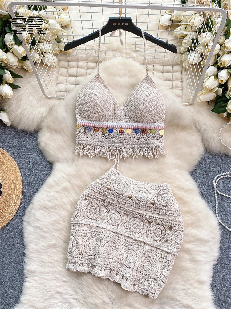SINGREINY Knit Bikini Two Piece Set Women Summer Backless Tassel Sequins Camisole Mini Skirt Retro Fashion Vacation Beach Suit 250609