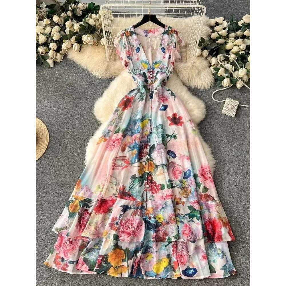 Summer Holiday Gorgeous Floral Retro Women Sleeveless Ruffles Flower Print Dress Female Bohemain Robe Festival Vestidos