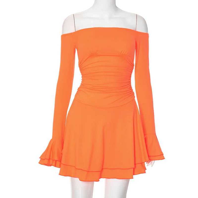 Spring Solid Color Womens Dress Slim Fit One Shoulder Backless Flared Sleeve Slimming Temperament XJ250610