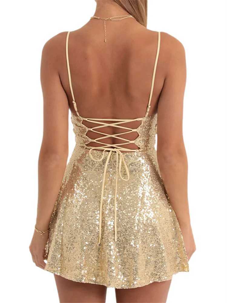 Women Shiny Sequins Dress Summer Backless A-Line Mini Dress for Cocktail Party Beach Streetwear XJ250610