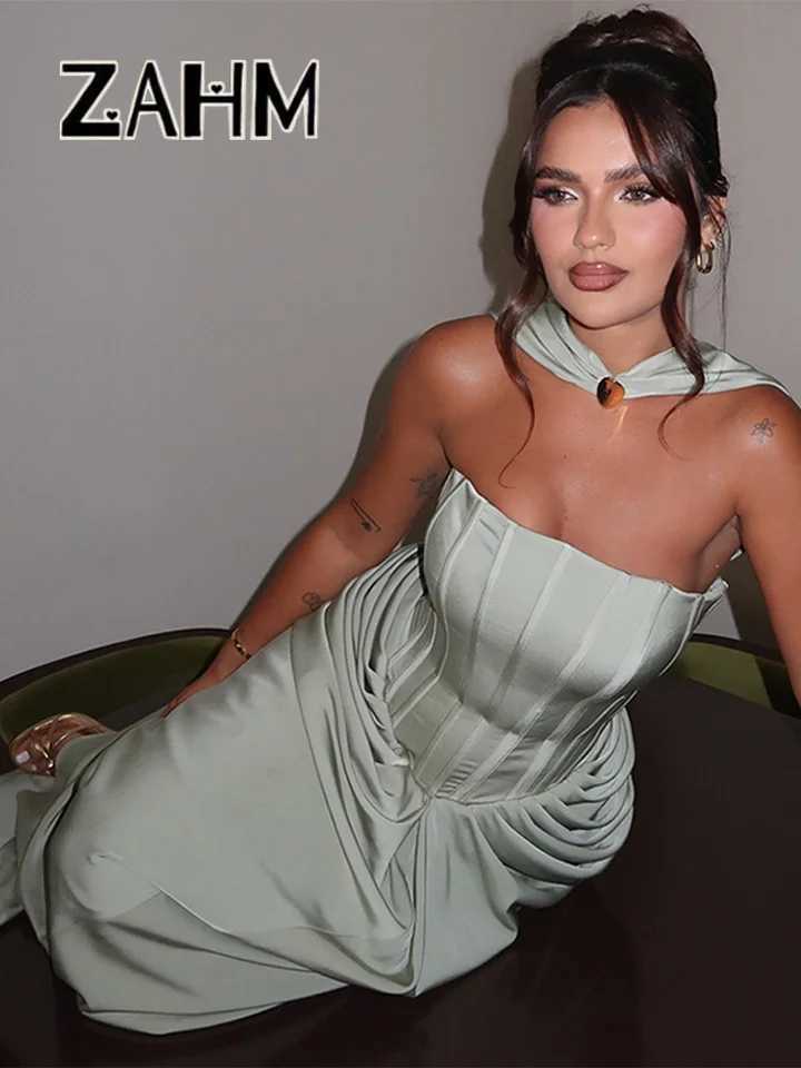 Elegant Pleated Party Long Dress Women With Scarf Satin Sleeveless Backless Evening A-line Dresses 2025 Summer Lady Robes XJ250610