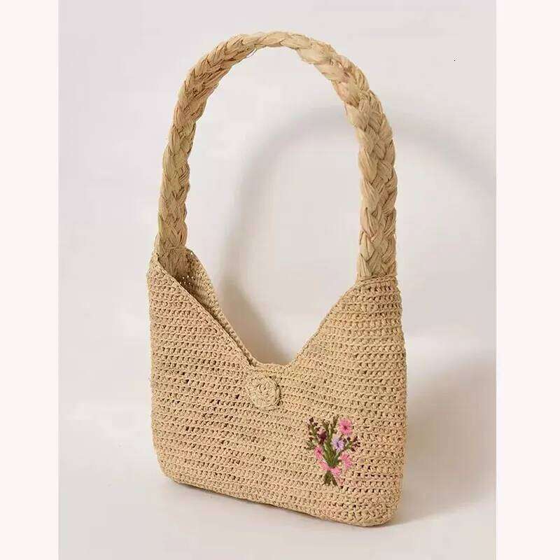 New Summer French Elegant Raffia Grass Underarm Bag For Women Fashion Shoulder Vintage Handbag Designer Tote Flower Embroidery