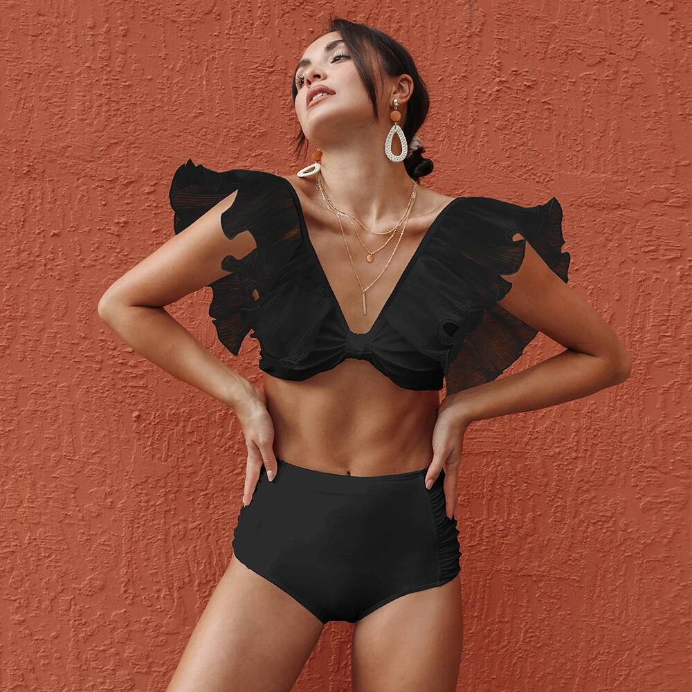 2025 New Sexy High Waist Ruffled Bikini Set Flounce Swimwear Women Swimsuit Solid Strappy Beachwear V-neck Bathing Suit Biquini