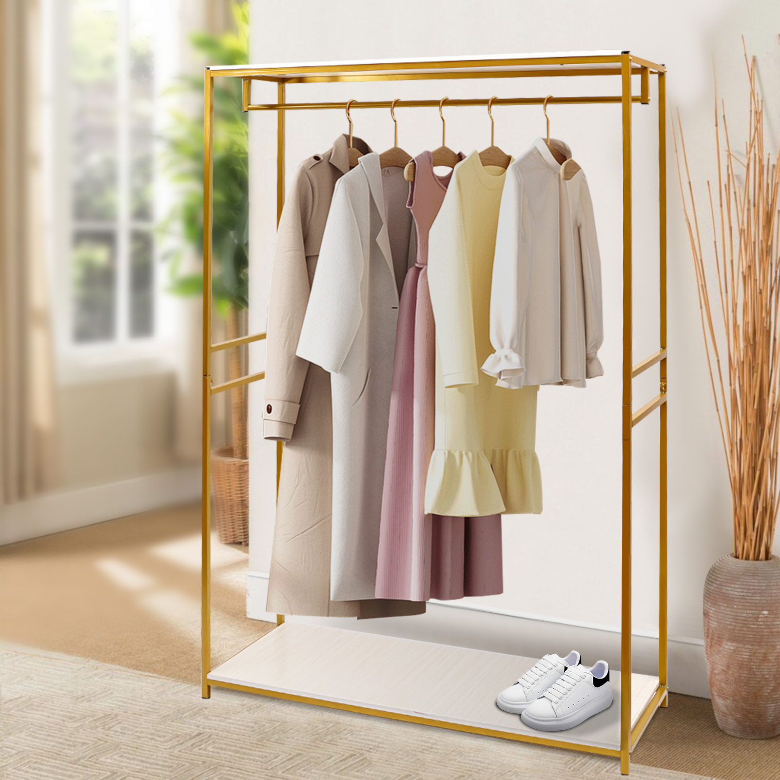 Rolling Clothing Rack, Metal Gold Clothing Rack Bridal Wedding Dress Rack Floor-standing Clothes Rack Adjustable Wire Shelf Clothes Hanger, Wardrobe S