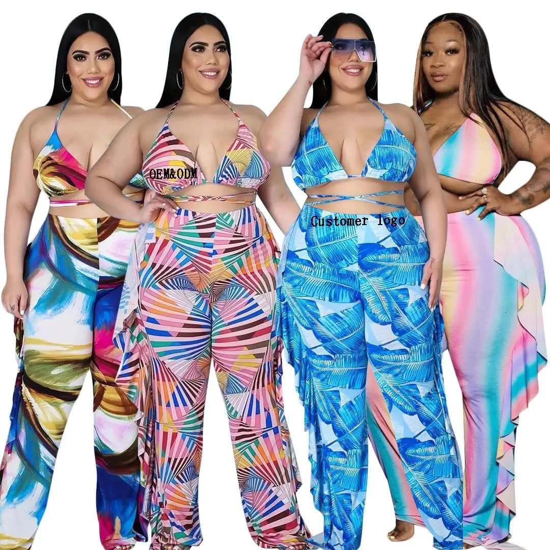 Big Size Womens Sexy Hollow Out Ruffle Printed Wide Leg Pants Two Piece Bikini Set 250530