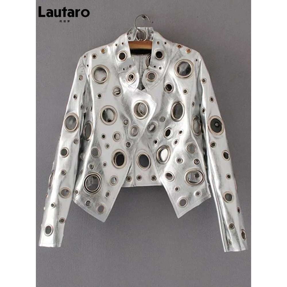 Lautaro Runway Cut Out Short Faux Leather Jacket Golden Rivet Cool Stylish Designer Clothes Women European American Fashion 2022