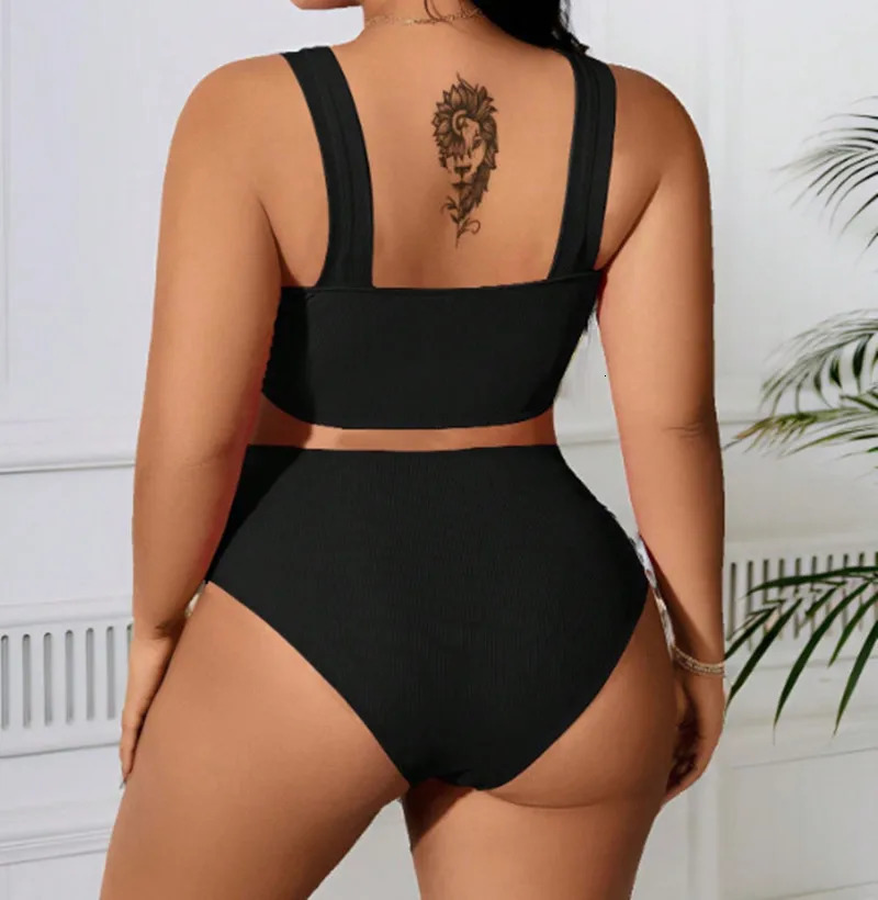 Womens Swimsuit 2025 Plus Size Ribbed Bikinis Sets Two Piece High Waist Black Tummy Control Bathing Suit Swimwear 250530