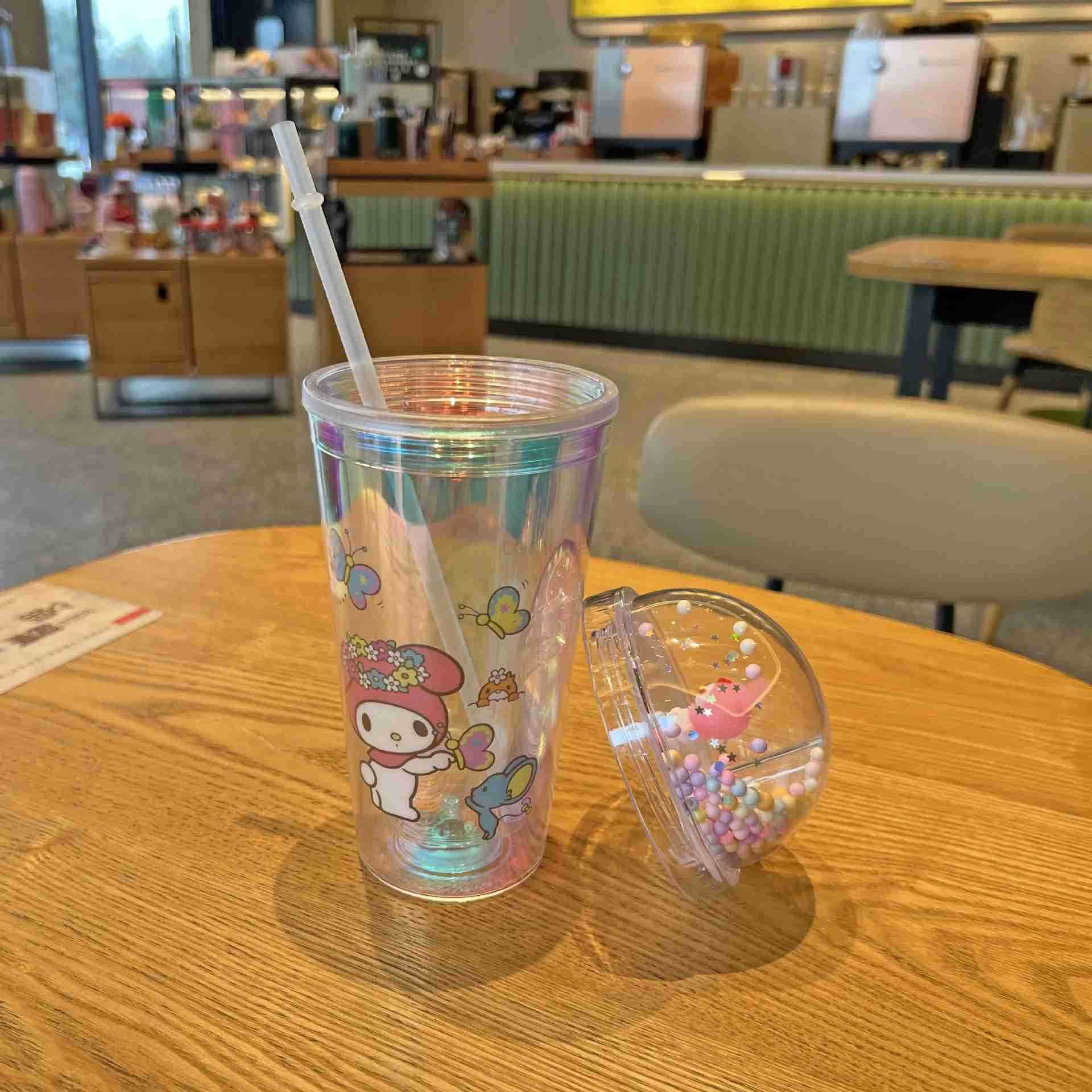 Sanrio 450ML Sanrio Cartoon Plastic Straw Cup Kuromi Stitch Double-Layer Plastic Cup Portable Sport Mug Straw Water Cup Christmas Gifts XJ250611