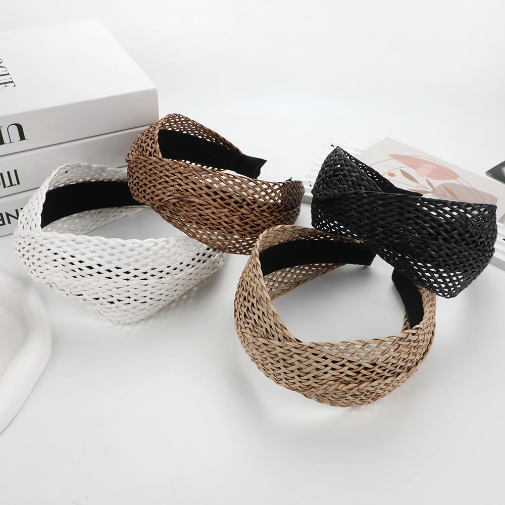Bohemian Beach Straw Weaving Cross Knotted Headband Women Wide-brimmed Hand-woven Hair Hoop Travel Holiday Headdress Accessories 250610