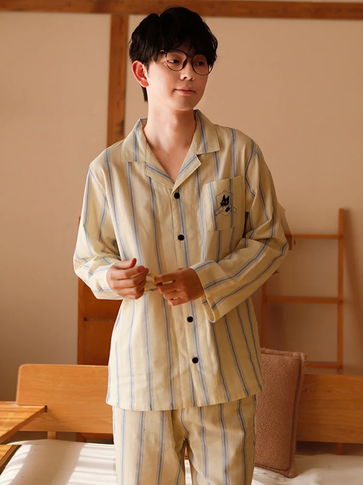 Pure Cotton Gauze pajama Set Fashion Simple Couple Sleepwear Highend Striped Comfortable Breathable Men Home clothes 250610