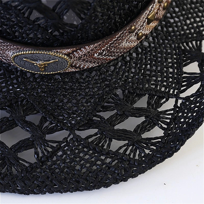 Cowboy Straw Hat for Women Men Summer Handmade Classic Hollow Out Western Curled Wide Brim Sun Hat Fishing Hat Climbing Cap 250606