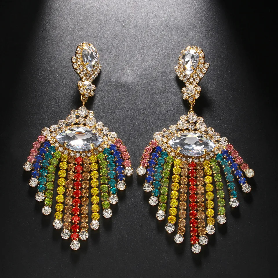 Boho Rhinestone Rainbow Geometric Fringed Dangle Earrings Drag Queen Crystal Colorful Long Tassel Drop Earrings Wedding Jewelry 250610