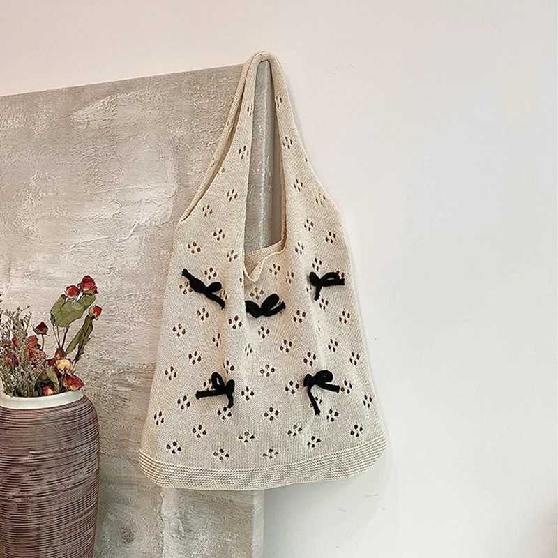 Knitted Bag Women Hollow Out Crochet Bow Design Handbag Large Capacity Handmade Tote Bag Summer Beach Woven Shoulder Bag XJ250610