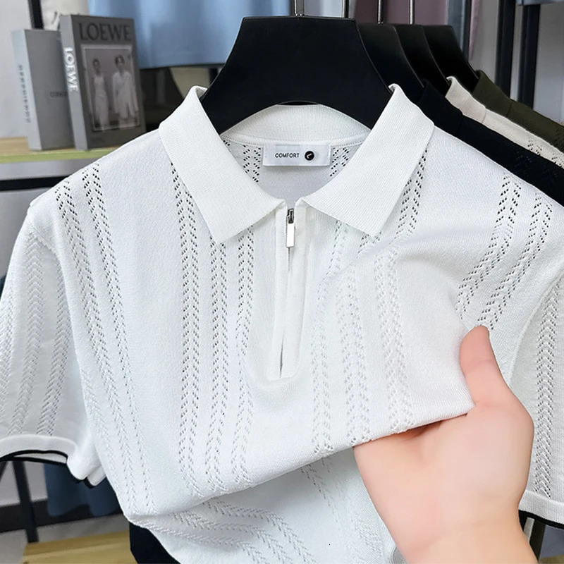 Vintage Striped Ice Silk Knit Polos Mens Summer Casual Breathable Slim Polo Shirts Men Trendy Solid Color Short Sleeve Tops 250610