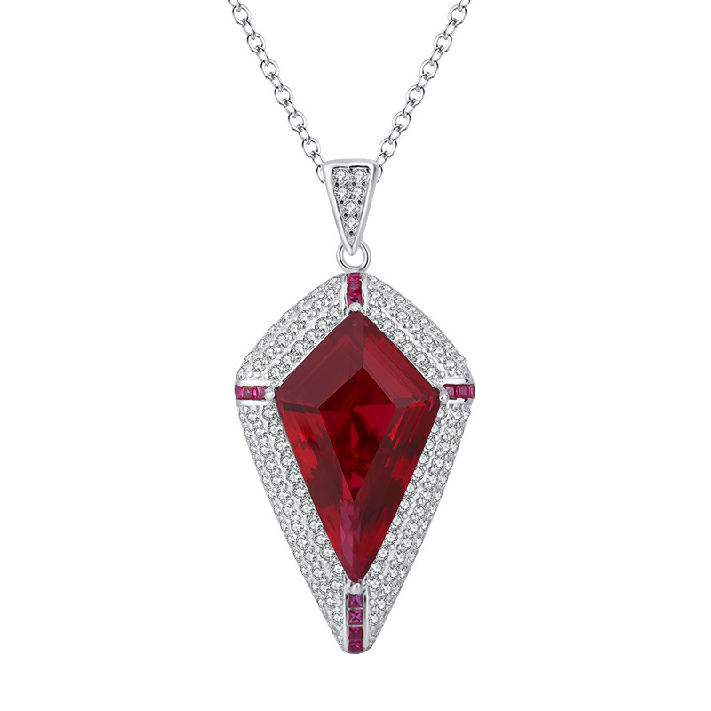 S925 Silver Faux Red Ruby Emerald Creative Triangle Pendant Necklace, 16x26mm Main Stone Design, Stylish and Elegant Women's Jewelry, Perfect for