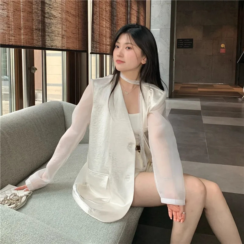 Summer Women Fashion Patchwork Thin White Gauze Suit Jacket Casual Loose VNeck SingleBreasted Long Sleeve Female Blazers Coat 250610