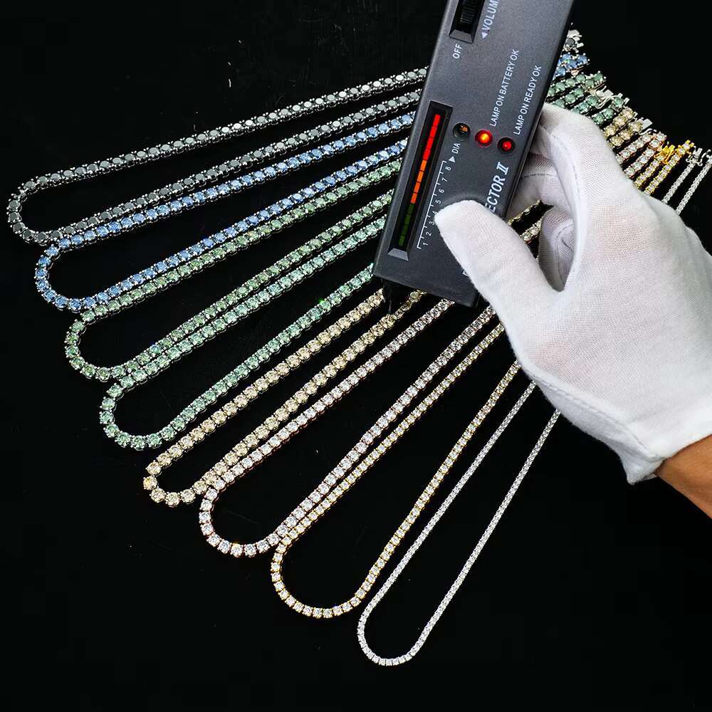 OACOCA 925 Silver Necklace Rhodium Plated Round Brilliant Cut Black Champagne Royal Blue Original Color Moissanite Tennis Link Chain