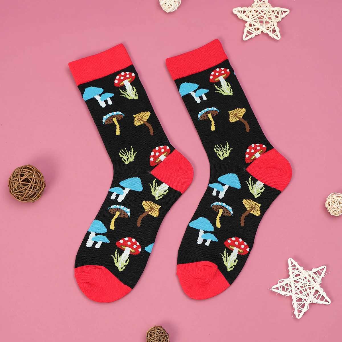 1 Pair Multicolor Mushroom Umbrella With Black Background Breathable Mens and Womens Mid-calf Socks Suitable For All Seasons Z250610