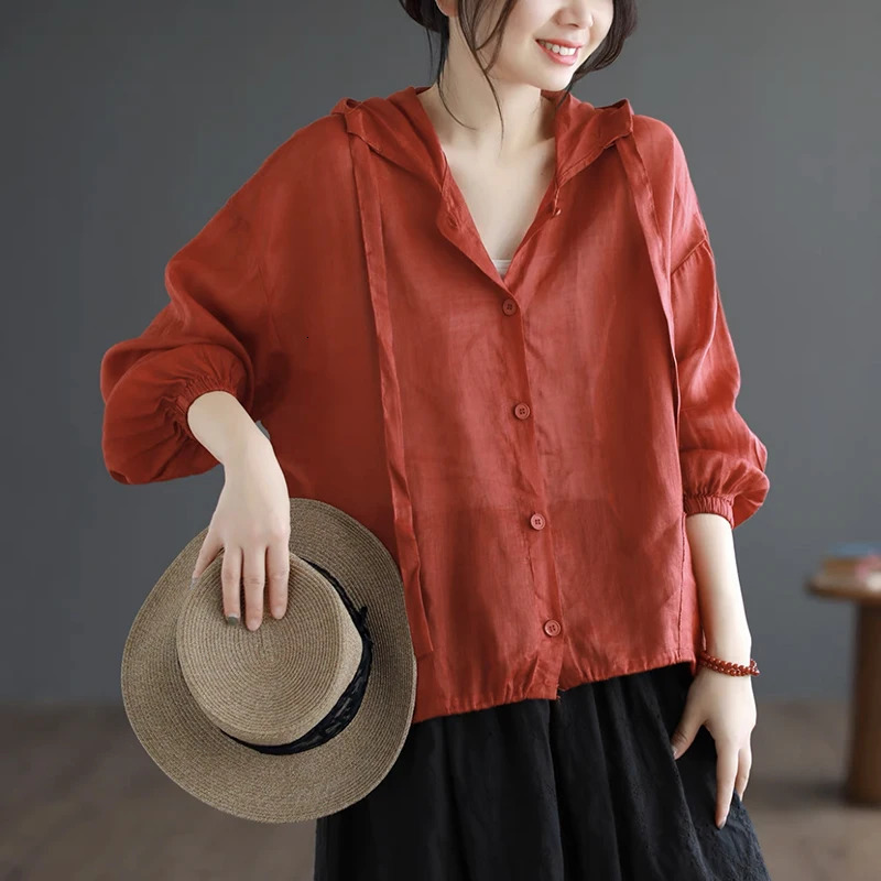 Thin section of cotton hemp hoodie female summer fashionable and elegant loose casual beach air conditioning sunscreen tops 250610
