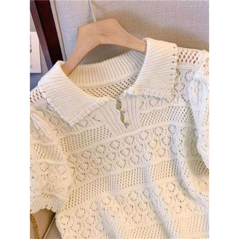 Sweet Sle Short Sleeve Knitted Shirt 2025 New Summer Hollow Out Crochet Design Thin Pullover Top Women's Blouse