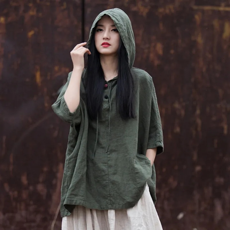 Yasuk Summer Casual Shirts Pullover Womens Loose Tees Gentle Heart Sport Cotton Linen Hooded Tea Coat Solid Chinese Style Retro 250610