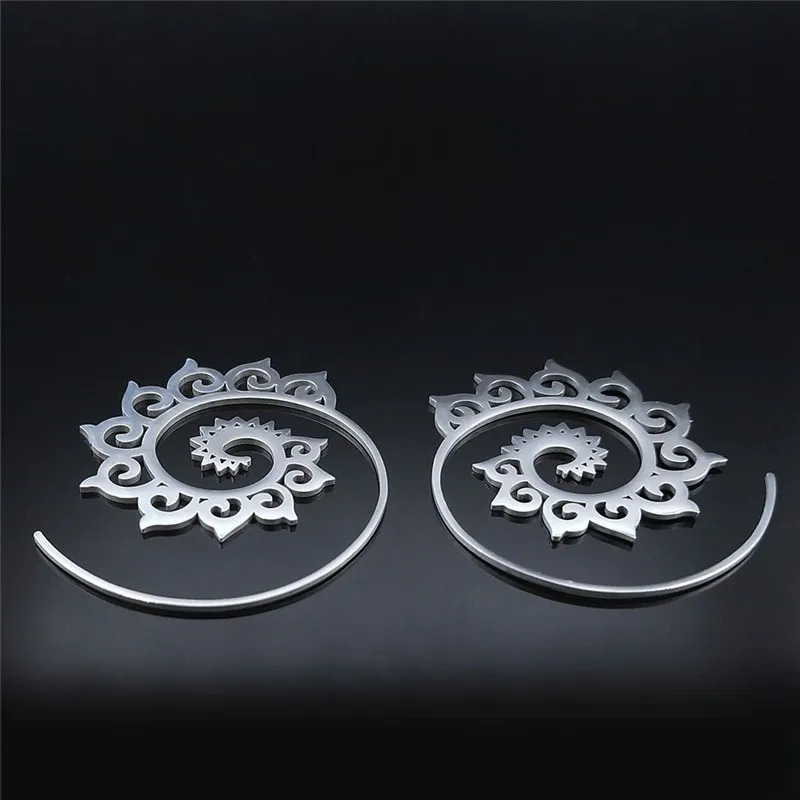 Indian Tribal Ethnic Stainless Steel Spiral Hoop Earrings Bohemian Mandala Flower Boho Earrings Women Jewelry aros mujer E9205 250610