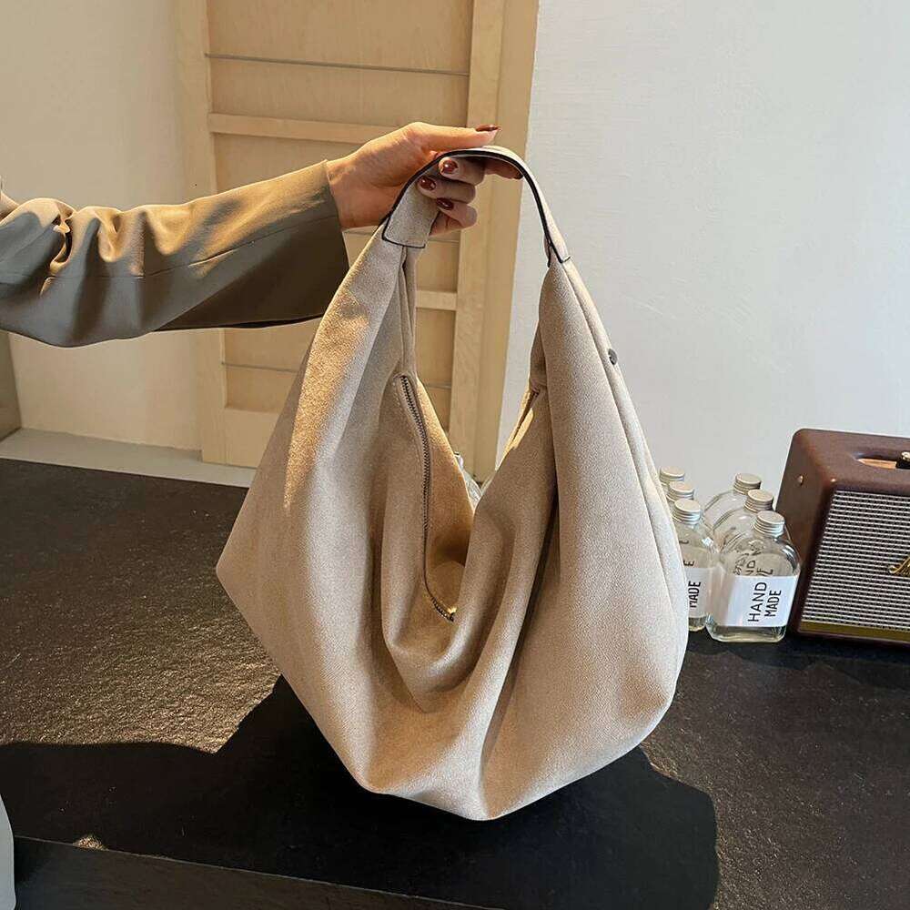 Women Suede Hobo Slouchy Underarm Bag with Zipper Large Capacity Handbag for Work Travel