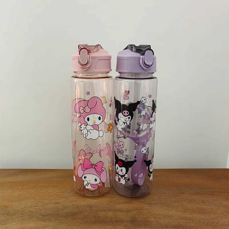 Sanrio 800ML Childrens Cartoon Kuromi Transparent Pop-up Spout Water Cup Hand-held Strap Anti-fall Kettle Portable Outdoor Space CupXJ25