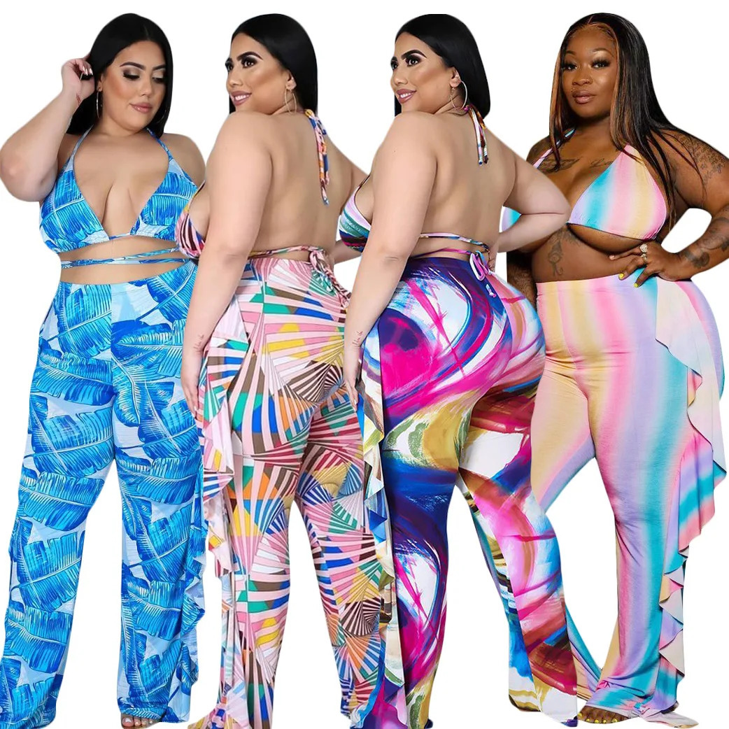 Big Size Womens Sexy Hollow Out Ruffle Printed Wide Leg Pants Two Piece Bikini Set 250530