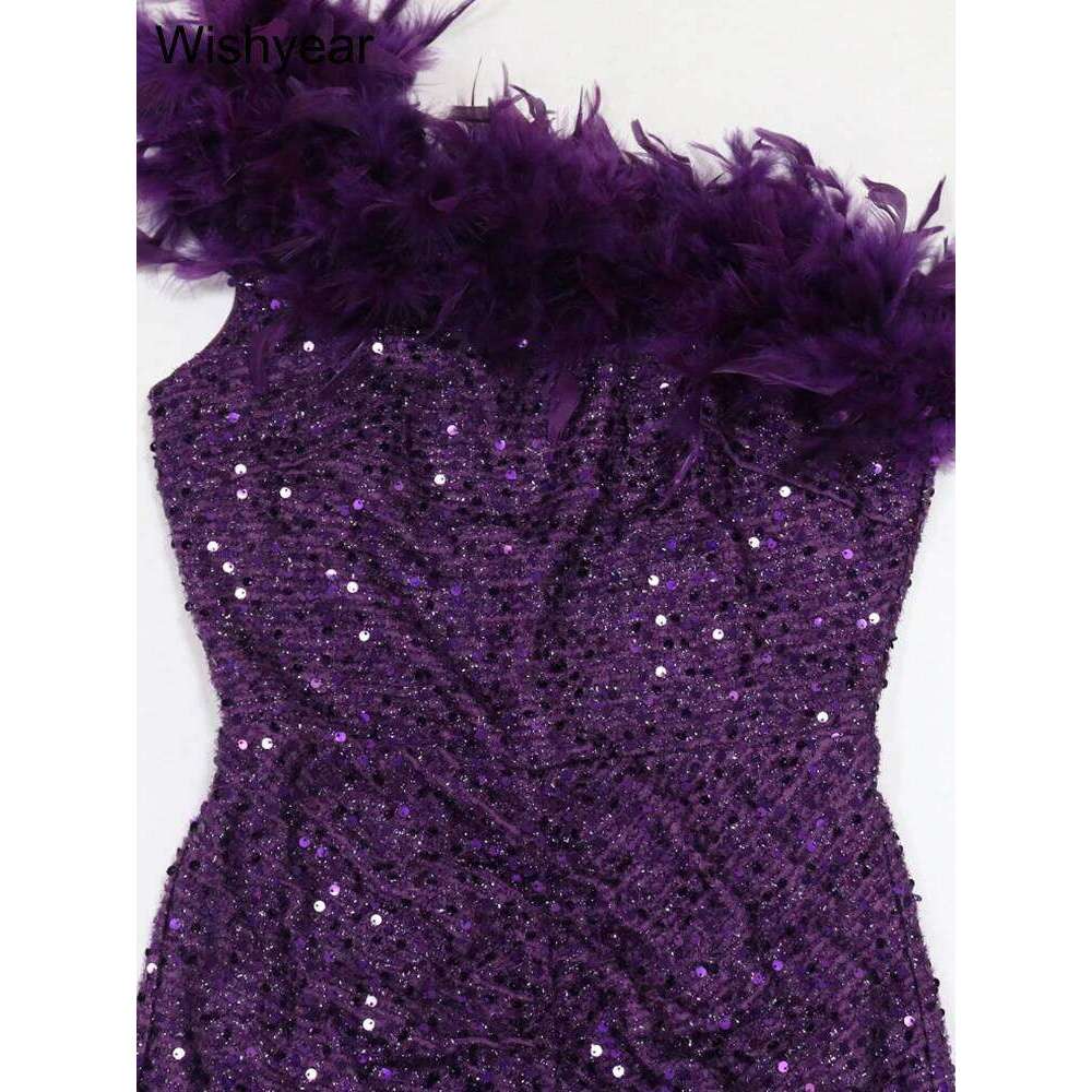 New Sequined Feather One Shoulder Sleeveless Slanted Collar Backless Purple Long Dress Women Birthday Party Event Gowns