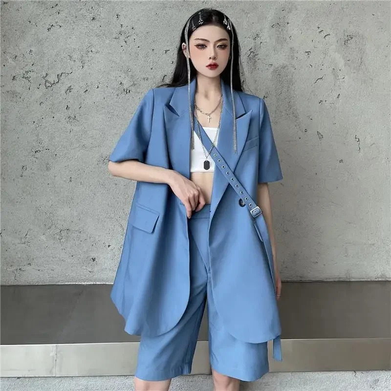 Summer Fashion Two Piece Suit Women Loose Short Sleeve Blazers Casual High Waist Shorts Woman Sets 250610
