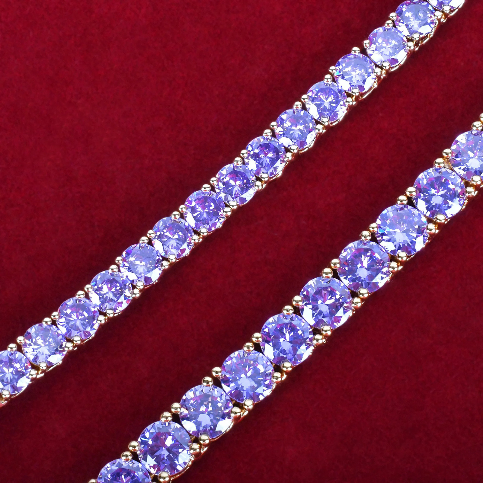 Aokaishen Purple Tennis Chain Necklace Hip Hop Rock Street Jewelry AA Cubic Zirconia 24K Real Gold Color Plated 250609