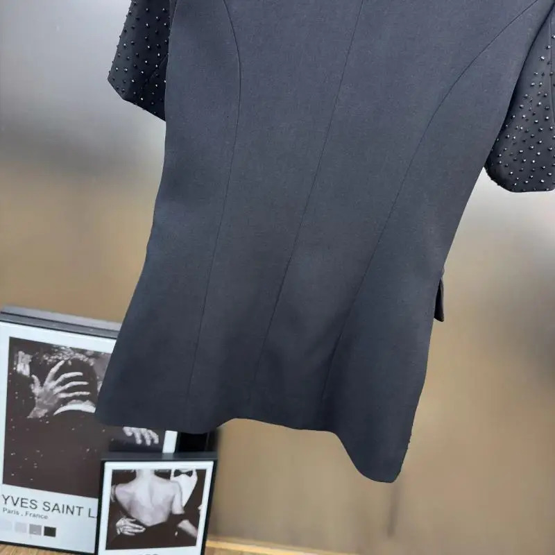 GetSpring Women Blazer Autumn Single Breasted Short Sleeve Diamonds Ladies Black Coat Fashion Womens Suit Jacket 250610