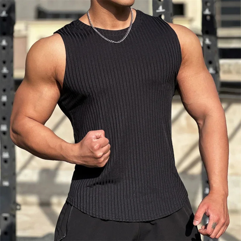 2025 Summer men Vest gym Tank top Men Fitness sleeveless shirt Male Elastic stripe Sports vest Undershirt Gyms 250609