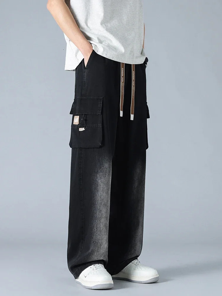 Summer mens jeans with flip pockets thin and lightweight denim work pants large size wide leg loose jeans straight leg pants 250611