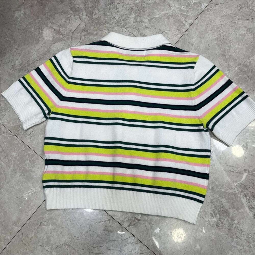 2025 Summer Retro Style Women Knitted Set Polo Neck Short Sleeve Tops + Waist Skirt Contrasting Stripes High Quality