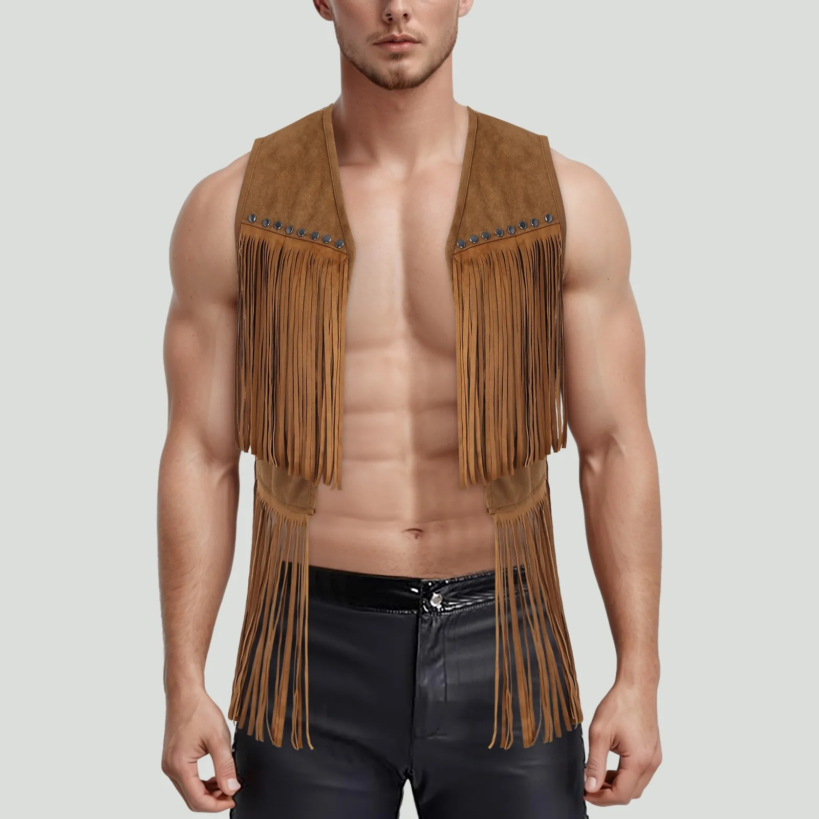 Men S Suede Vest Tassel Sleeveless Indian Middleaged Casual Tshirt Mens Compression Shirts Tank Tops Undershirts 250609