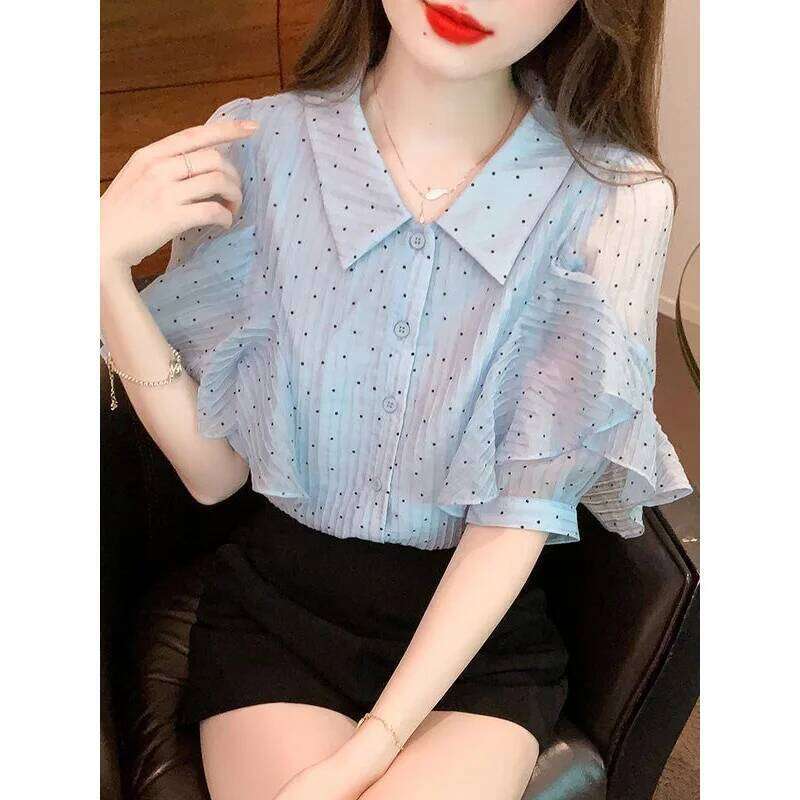 Clothing Summer Korean Fashion Button Polka Dot Chiffon Polo Collar Women Shirts All-match Appear Thin Short Sleeve Top Te