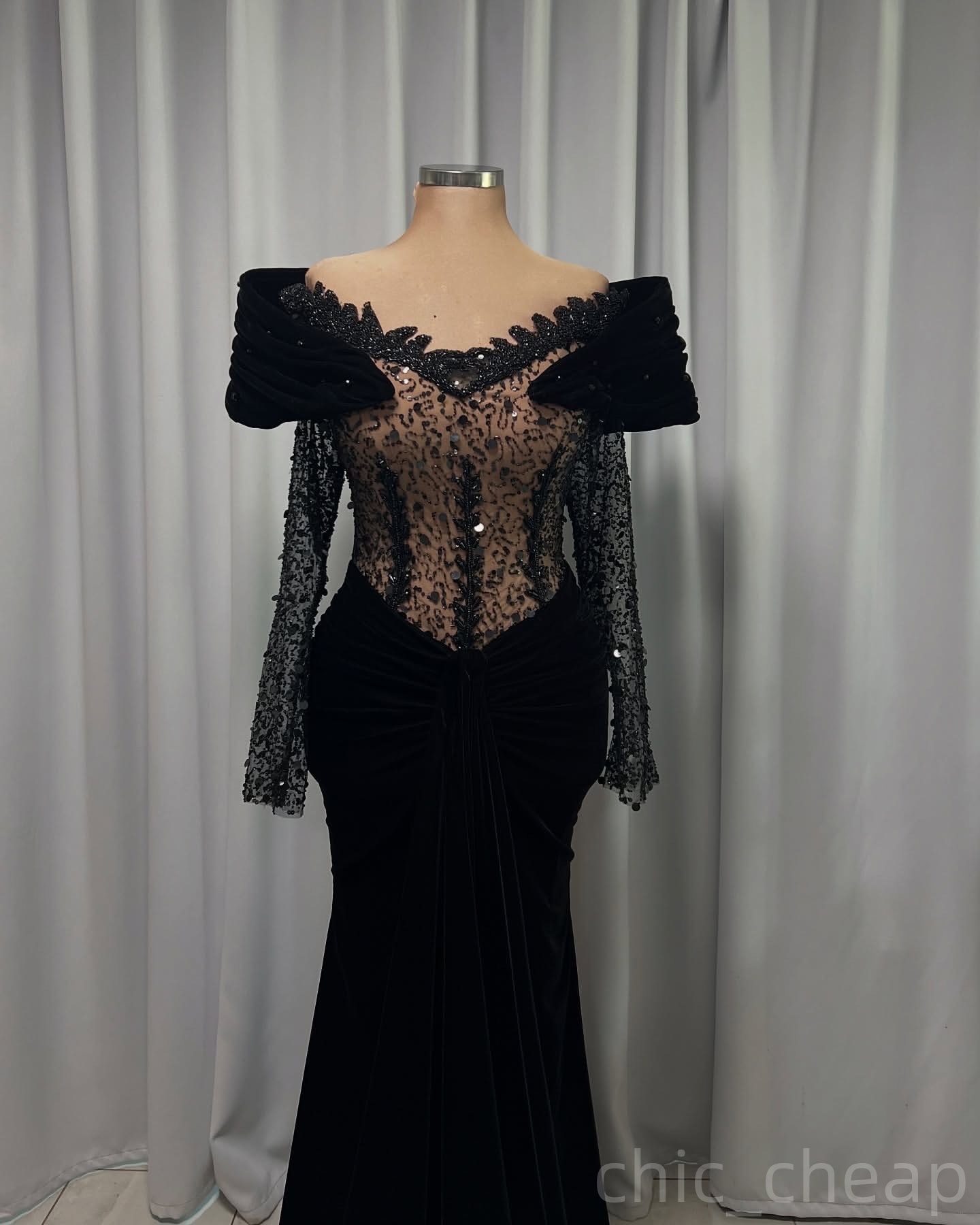 Black Mermaid Prom Dresses 2025 Lace Sequined Velvet Full Sleeves Evening Formal Party Second Birthday Engagement Gowns Plus Size Dress For Special Oc