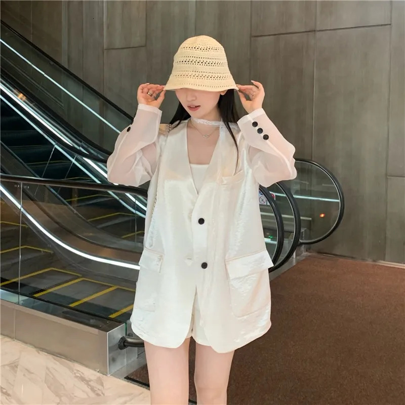 Summer Women Fashion Patchwork Thin White Gauze Suit Jacket Casual Loose VNeck SingleBreasted Long Sleeve Female Blazers Coat 250610
