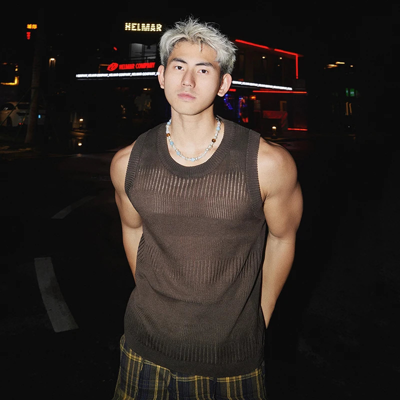 FEWQ Niche Mens Vests Round Collar Tie Dye Worn-out Gradient Color Sleeveless Knitting Casual Male Tank Tops 24K4318 250611