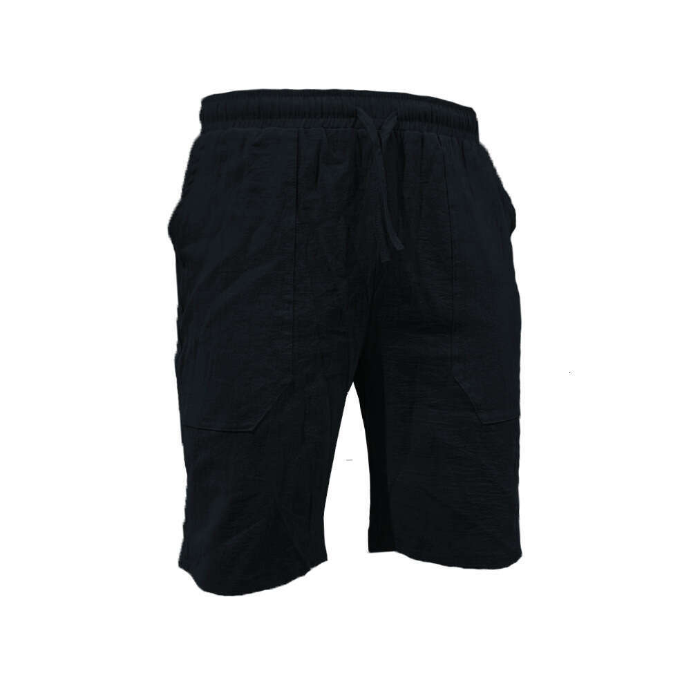 Men's Summer Cotton Linen With Drawstring Elastic Waist Straight Leg Solid Color Breathable Casual Beach Shorts B5