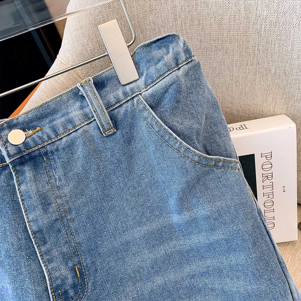 Plussize womens fall casual commute baggy comfort jeans Dark blue highwaiststraight leg button pocket long wideleg pants 250609
