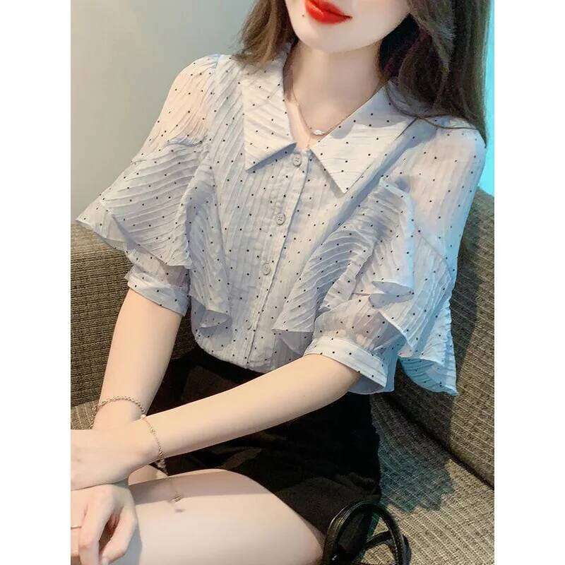 Clothing Summer Korean Fashion Button Polka Dot Chiffon Polo Collar Women Shirts All-match Appear Thin Short Sleeve Top Te