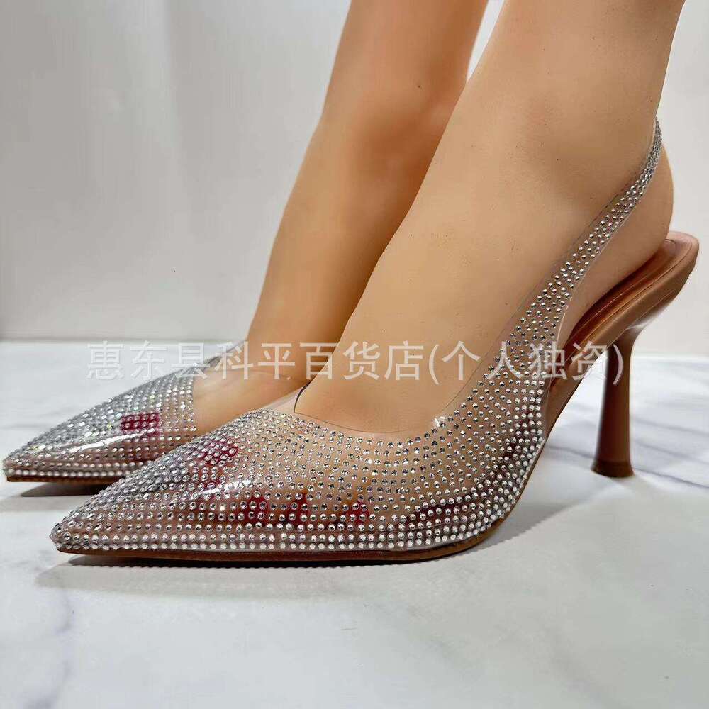 2023 Summer New Women's Shoes Natural Color Shiny Rhinestone Open High Heel Mules Pointed Toe Stiletto Versatile Sandals