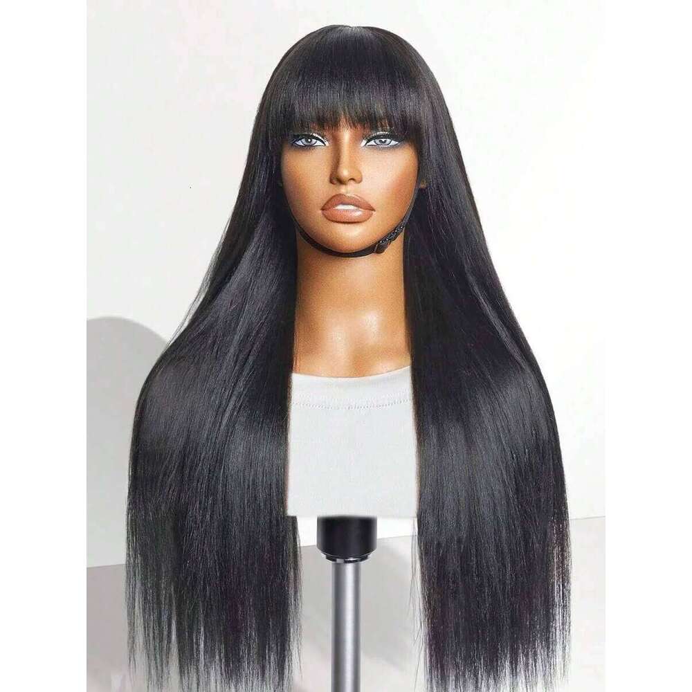 Bone Straight Human Hair Full hine Made With Bangs 30 Inch High Density Black Wig Glueless Brazilian Wigs On Sale Women
