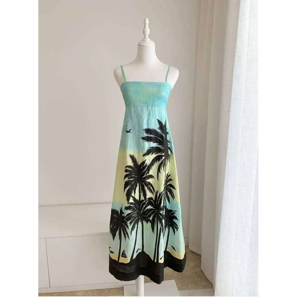 Women Palm Printed Strapless Big Swing 100% Linen Long Dress
