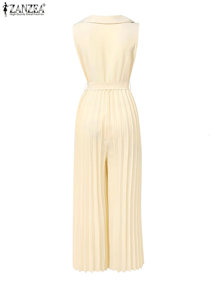 ZANZEA Woman Fashion TieWaist Jumpsuits Elegant Lapel Neck Sleeveless Pleated Wide Leg Pant Overalls Commute Office Long Romper 250609