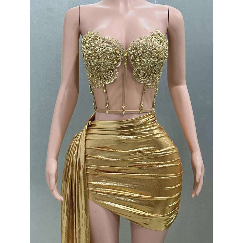 Gold Color Women Sexy 2 Pieces Strapless Bodycon Mini Bar Singer Nightclub Party Celebrate Birthday Dress Wholesale