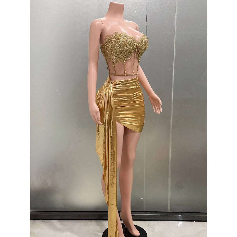 Gold Color Women Sexy 2 Pieces Strapless Bodycon Mini Bar Singer Nightclub Party Celebrate Birthday Dress Wholesale